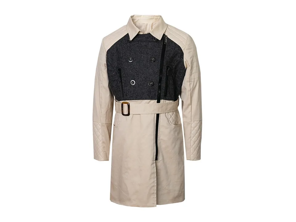 Front view of a beige girls trench coat with a dark grey upper panel and belt.