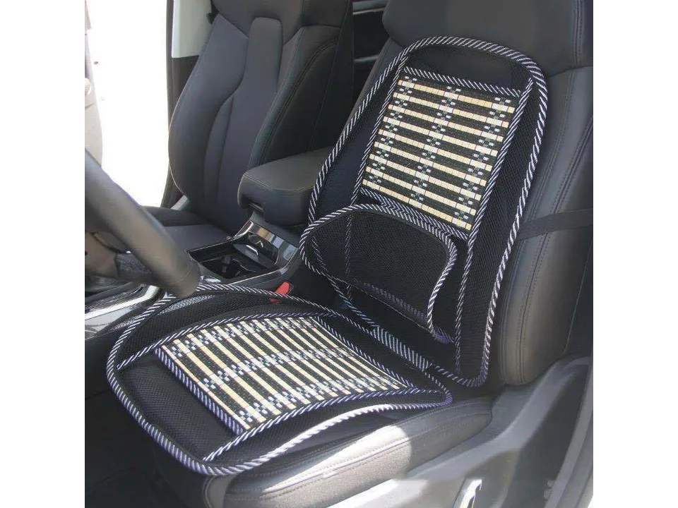 Bamboo and mesh car seat cushion installed on a black leather car seat.