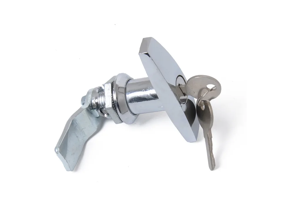 Chrome T-handle toolbox lock with two keys inserted.