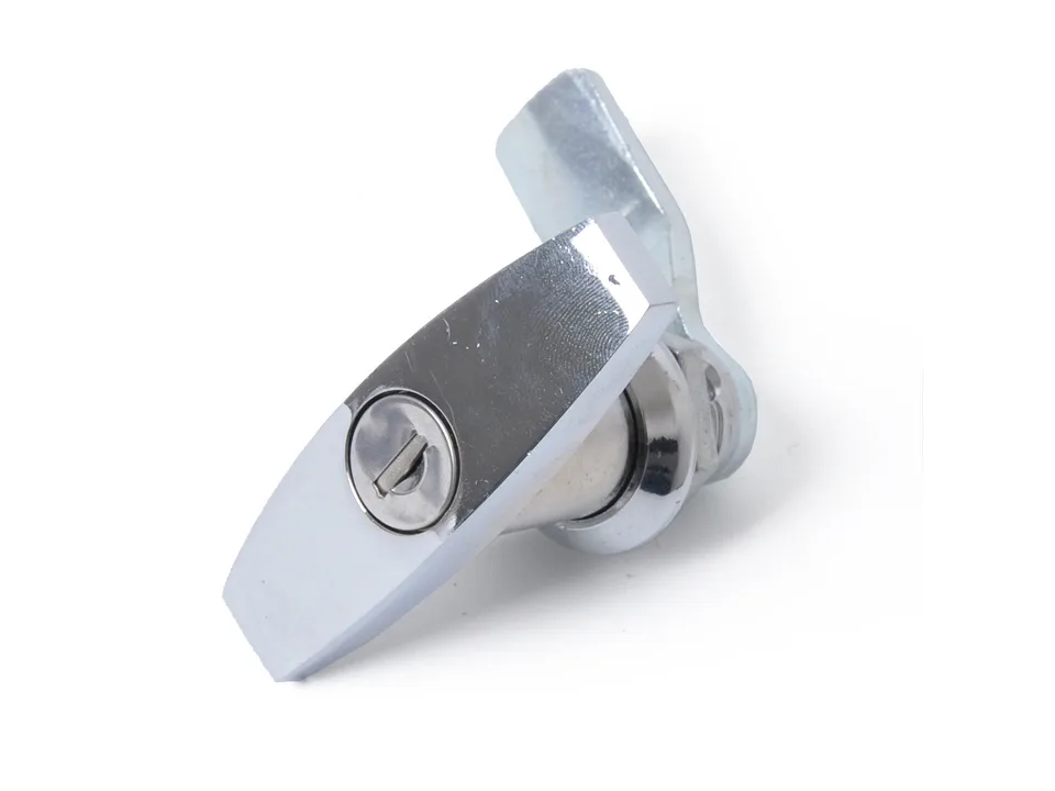 Close-up view of the chrome T-handle lock mechanism.