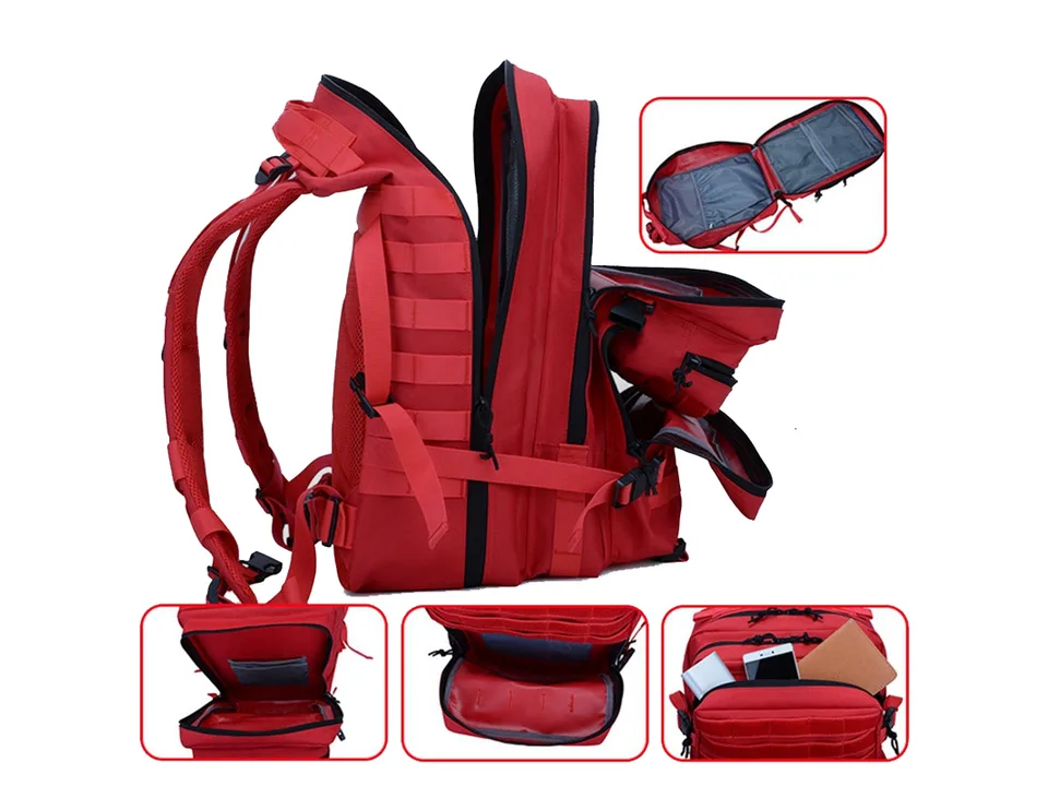Red tactical backpack with multiple open compartments showing interior storage pockets.