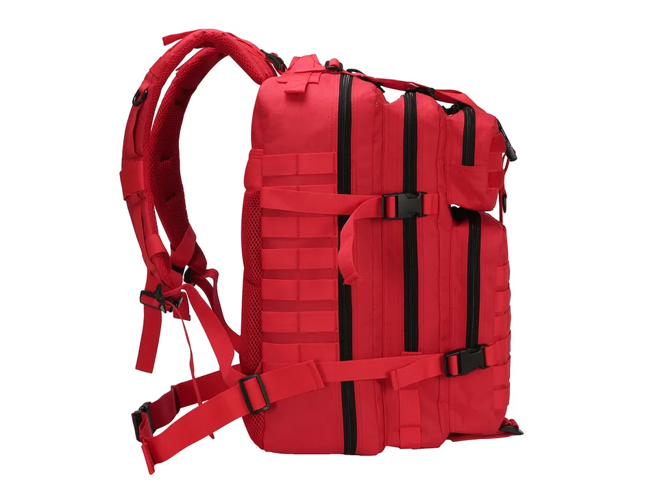 Side profile of the red tactical backpack showing compression straps and side webbing.