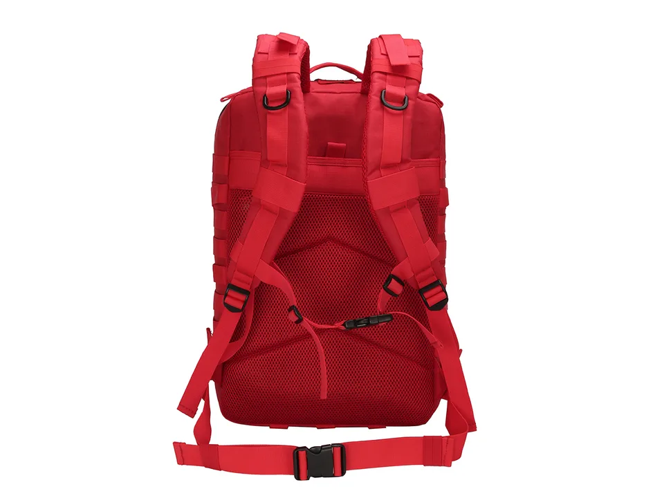 Back view of the red tactical backpack showing padded shoulder straps and waist belt.