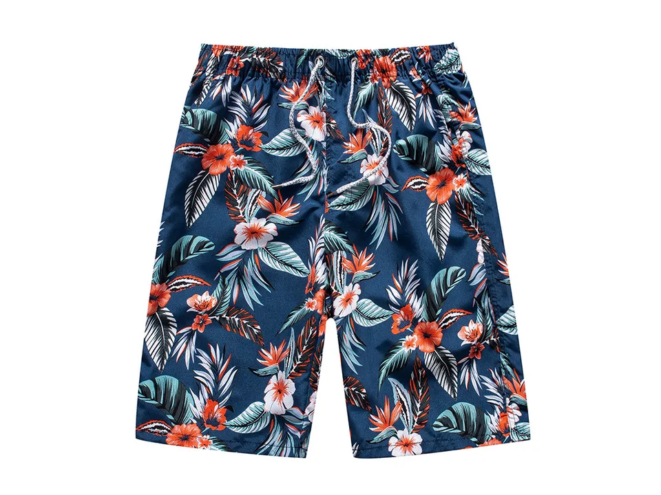 Men's board shorts with a blue floral pattern.