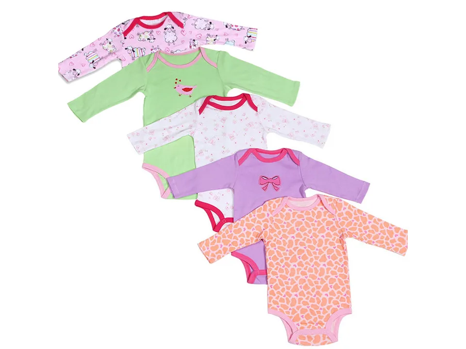 A selection of five long-sleeve baby rompers with various colorful patterns and prints.