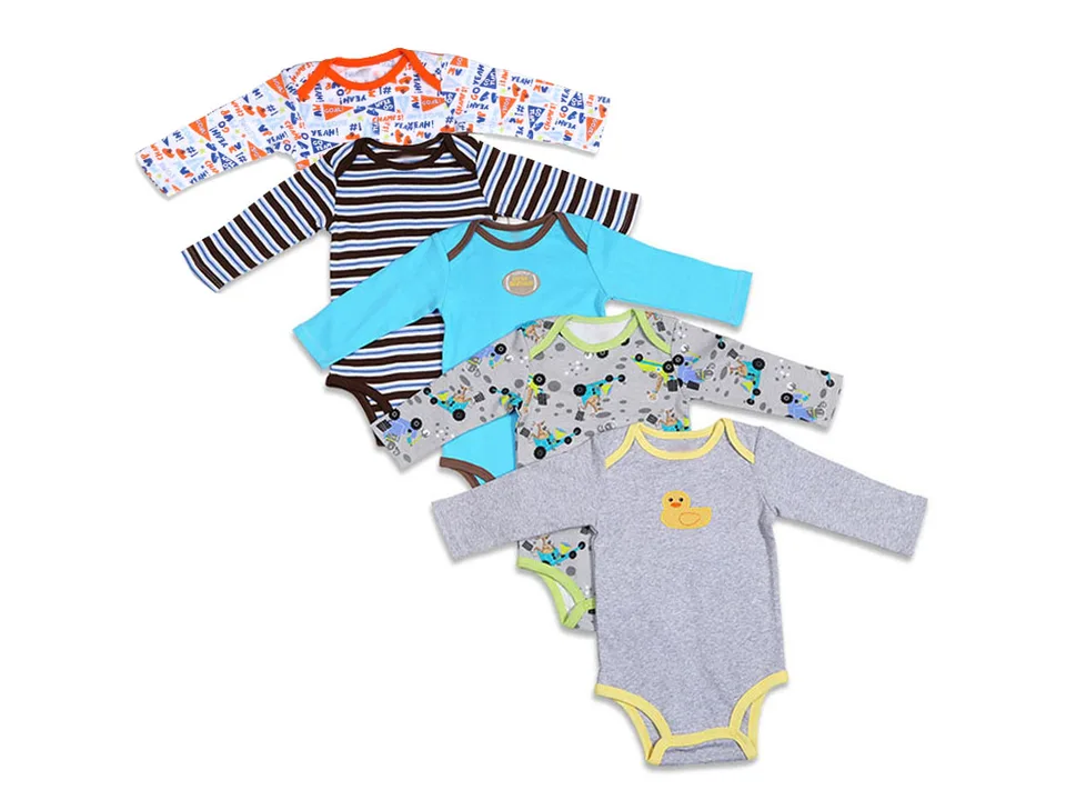 A selection of five long-sleeve baby rompers with various colorful patterns and prints.