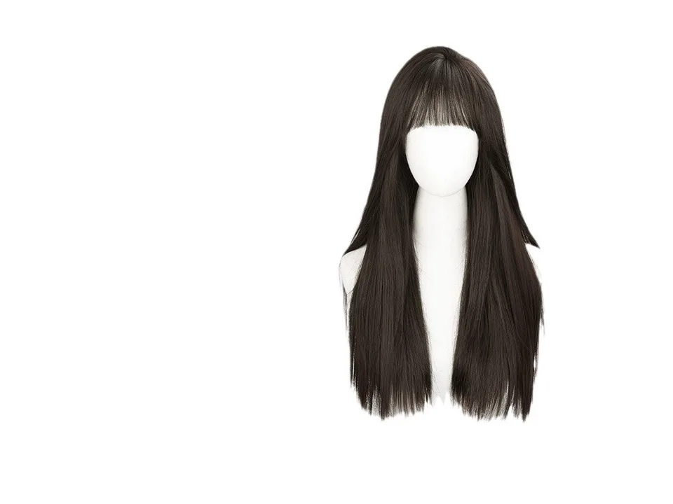 A long, straight black wig with bangs displayed on a white mannequin head.