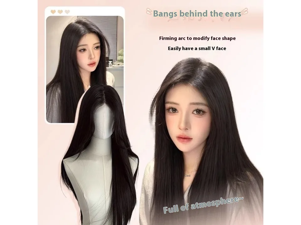 A woman wearing a long black wig with bangs, alongside a mannequin head displaying the same wig.