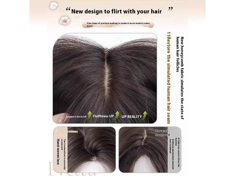 Close-up comparison of the wig's lace parting versus a standard wig parting.
