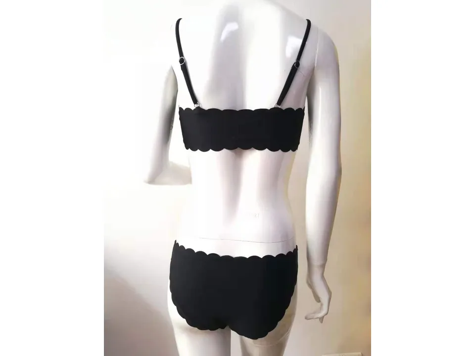 Back view of a black scalloped bikini set on a mannequin.