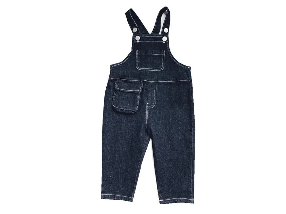 Dark denim overalls for children with front pockets.