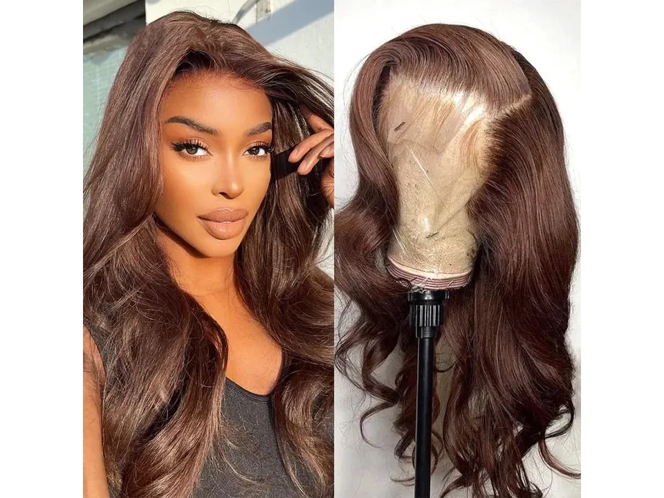 A woman wearing a long, wavy brown wig next to a close-up of the wig on a mannequin head.