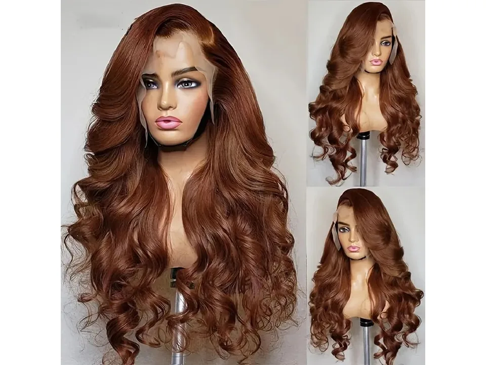 Three views of a mannequin head wearing a long, wavy brown wig.