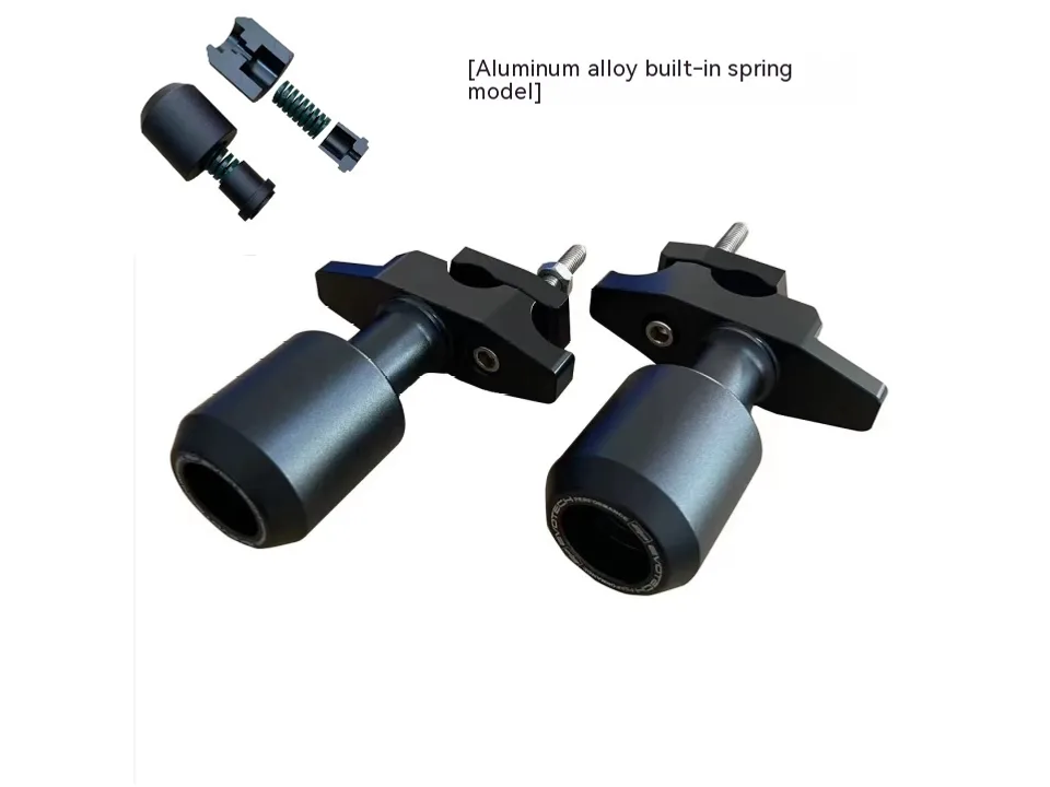 Two black motorcycle frame sliders with mounting hardware and internal springs.