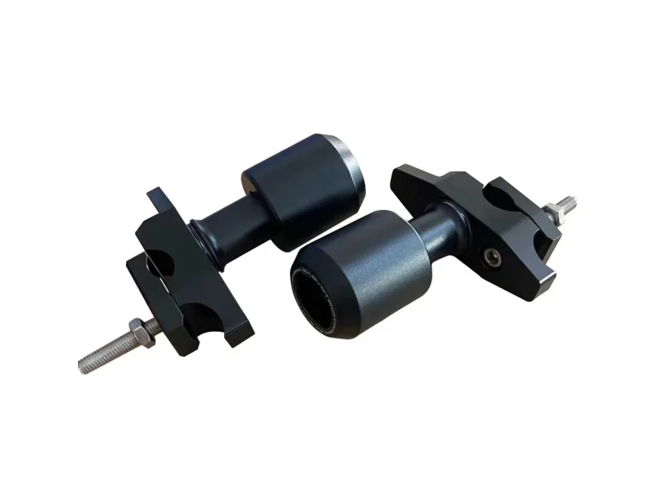 Two black motorcycle frame sliders with mounting brackets.