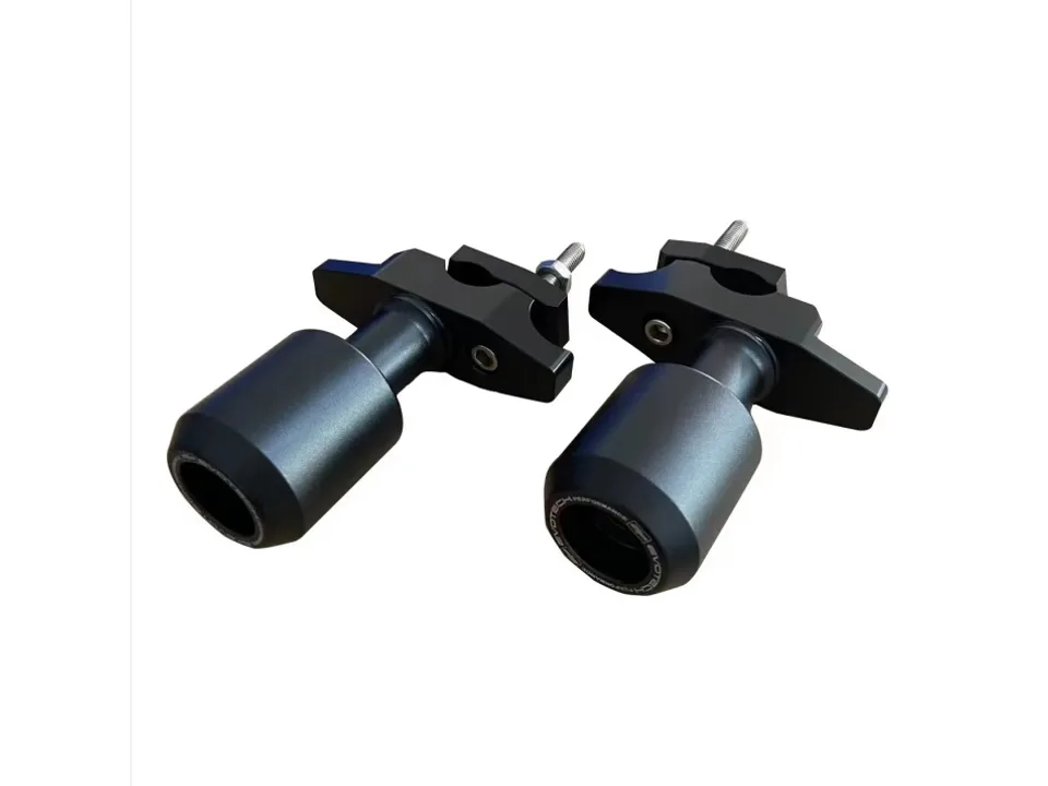 Two black motorcycle frame sliders with mounting brackets on a white background.