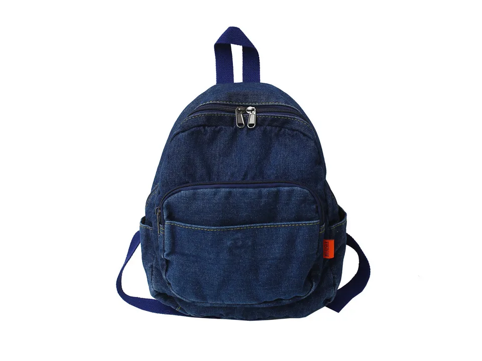 Dark blue denim backpack on a white background.