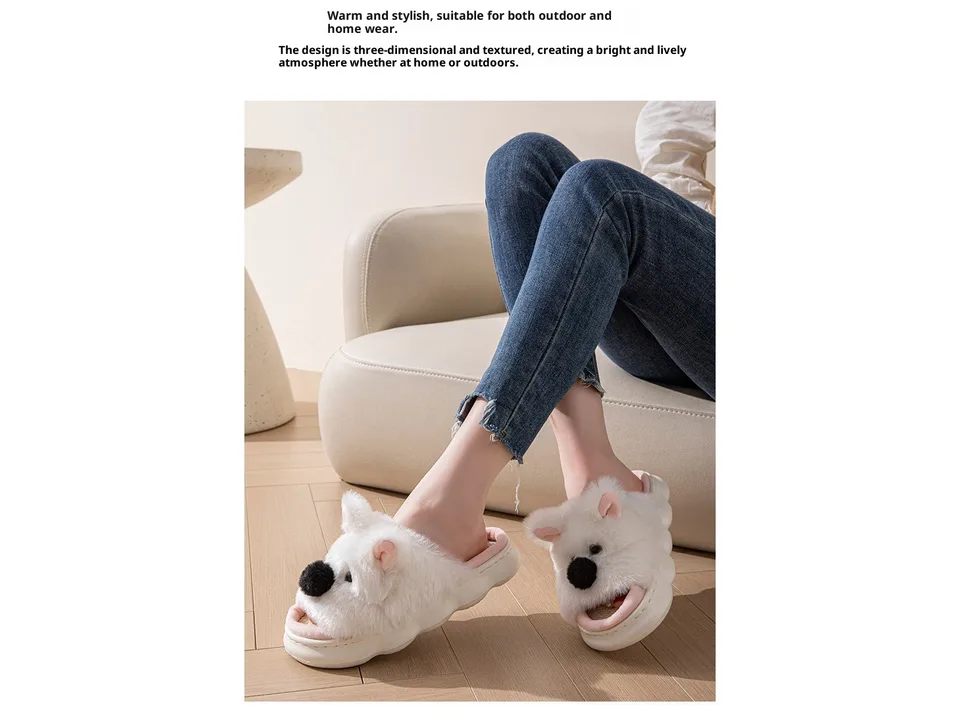 A person wearing white fluffy animal-themed slippers while sitting on a sofa.