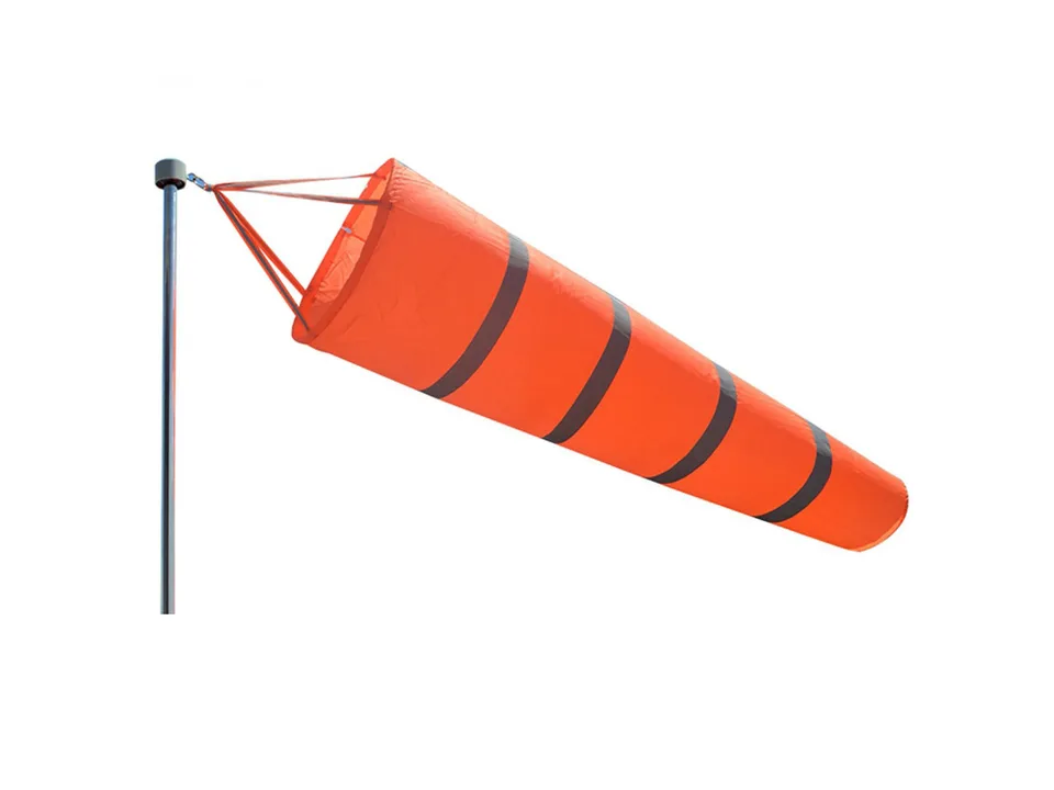 Orange windsock with reflective stripes attached to a metal pole on a white background.