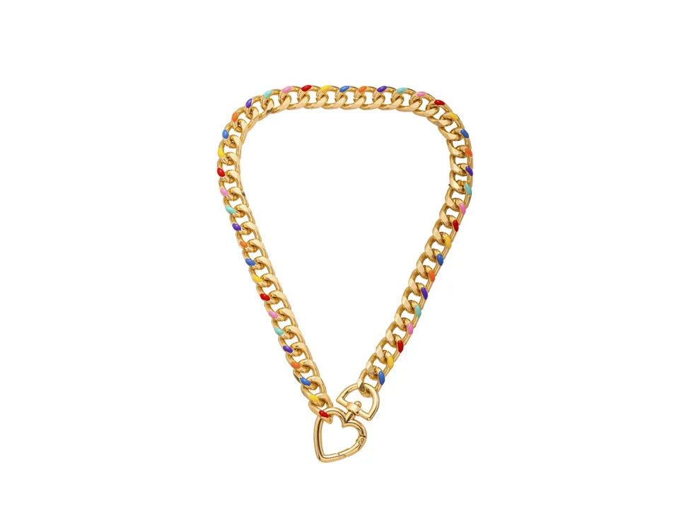 Gold chain necklace with colorful accents and a heart pendant on a white background.