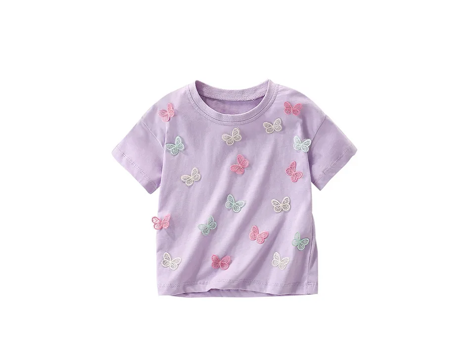 A purple short-sleeve t-shirt for girls decorated with colorful butterfly appliques.