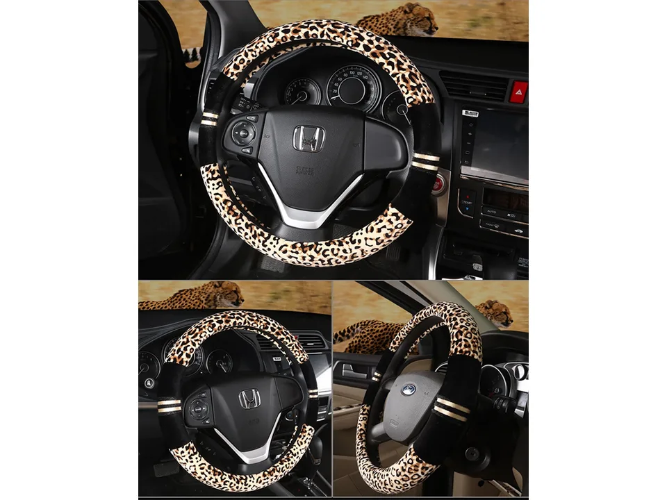 Brown leopard print steering wheel cover installed on a car steering wheel.