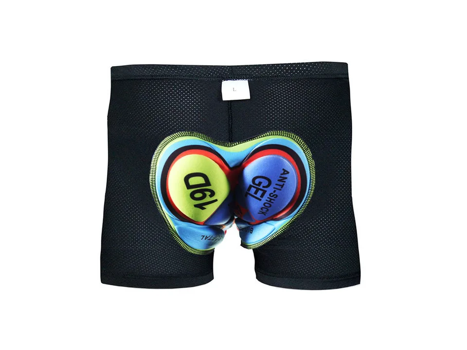 Black cycling shorts with a colorful gel pad visible on the inside.