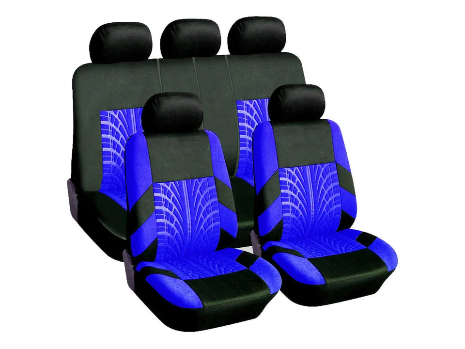 Blue and black car seat cover set with tire tread pattern