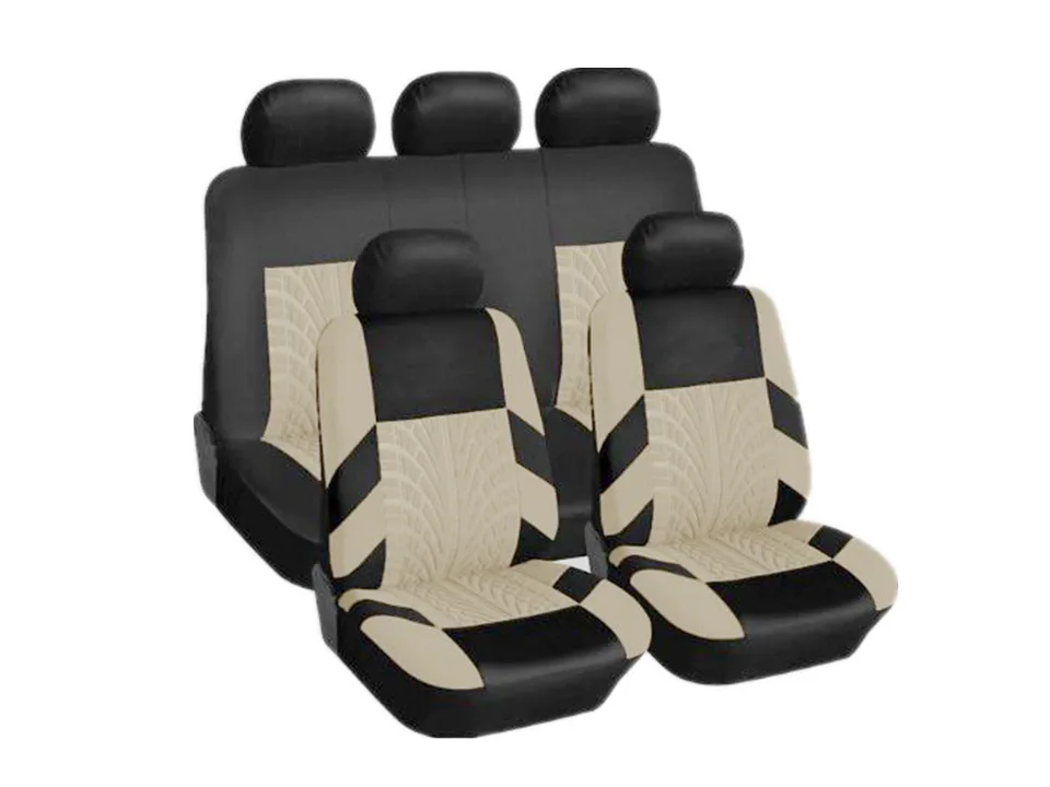 Beige and black car seat cover set with tire tread pattern