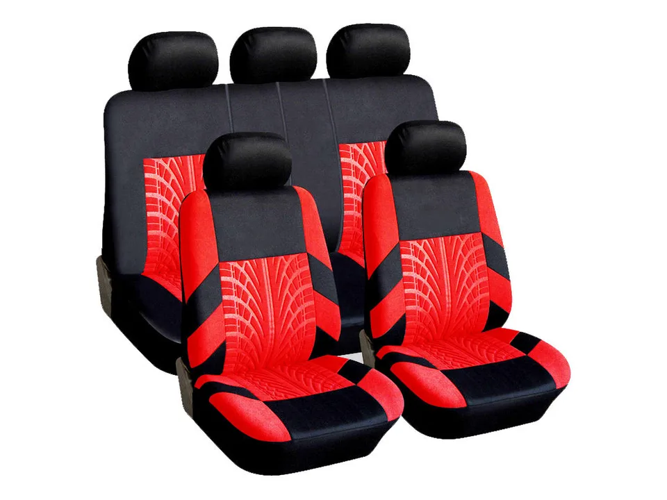 Red and black car seat cover set with tire tread pattern