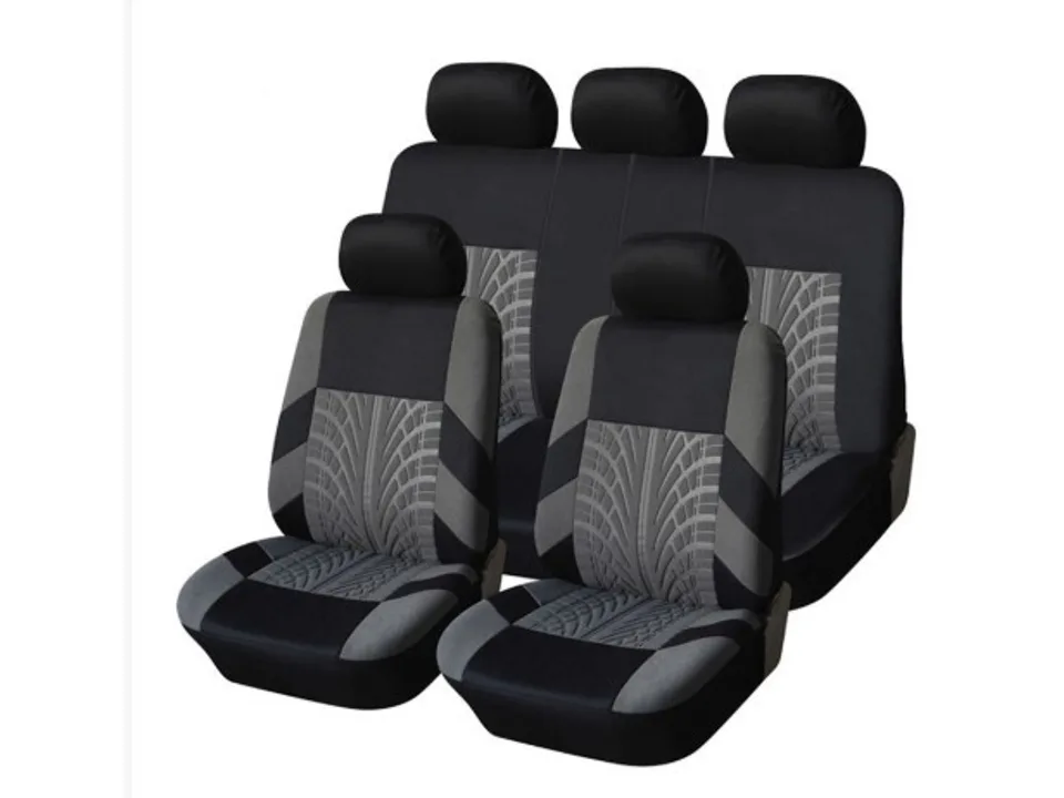Grey and black car seat cover set with tire tread pattern