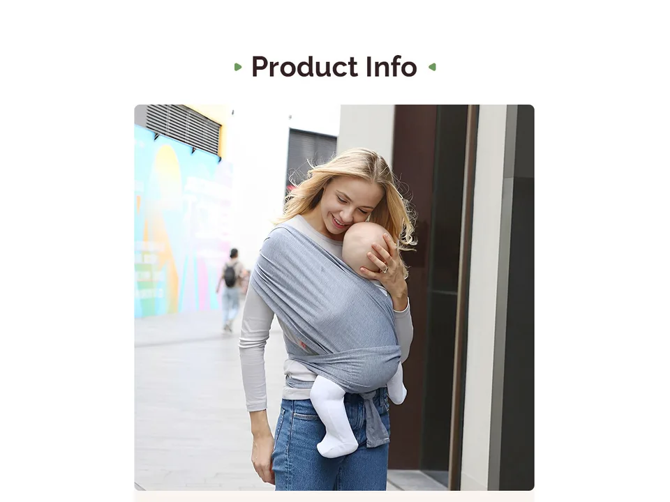 A woman wearing a pink baby wrap carrier, with an inset showing the back view of the carrier.