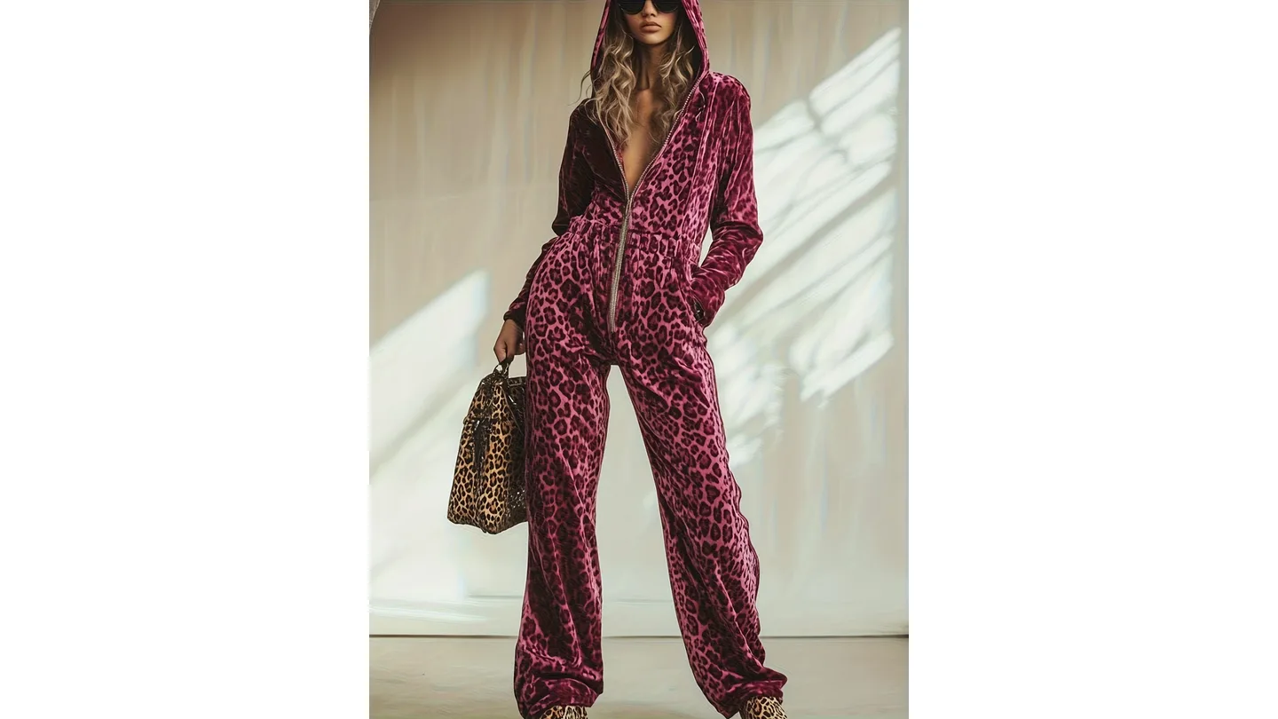 A model wearing a pink velvet leopard print hooded jumpsuit.