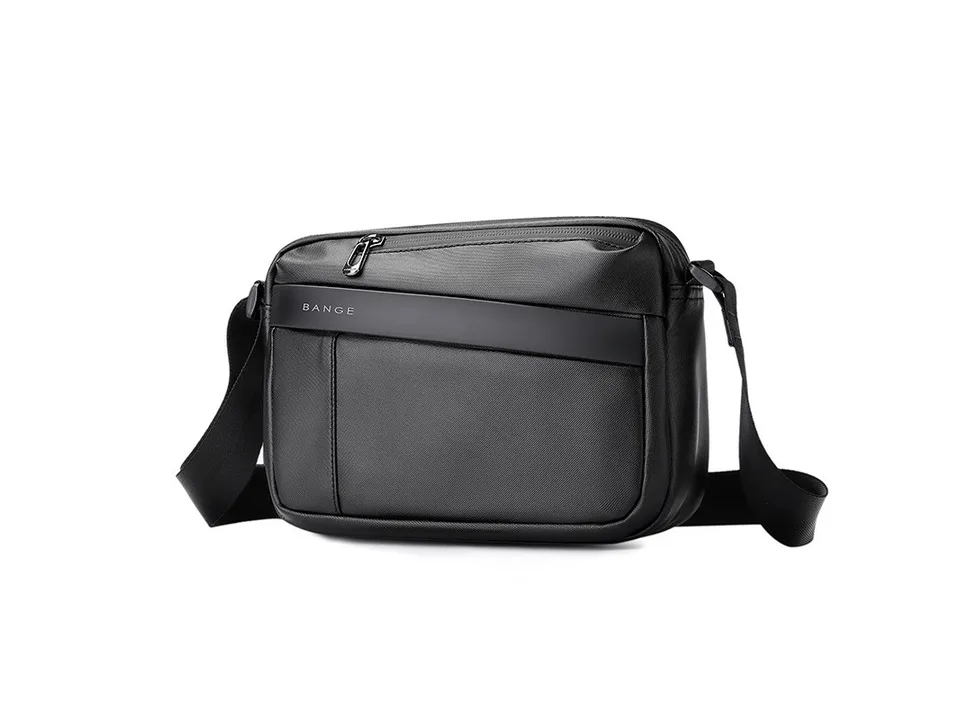 A black crossbody bag shown from the front.