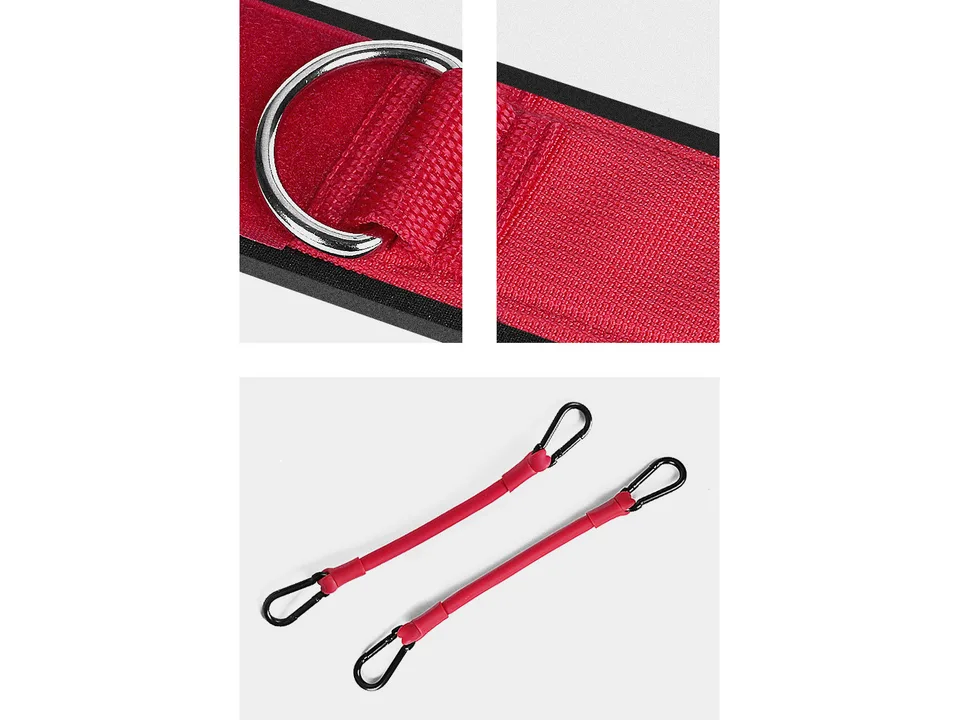 Close-up of the red strap material and the resistance band clips.