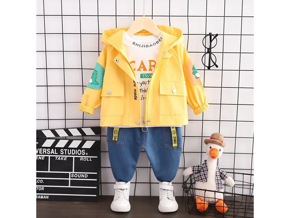 Yellow dinosaur hoodie and jeans outfit set for boys