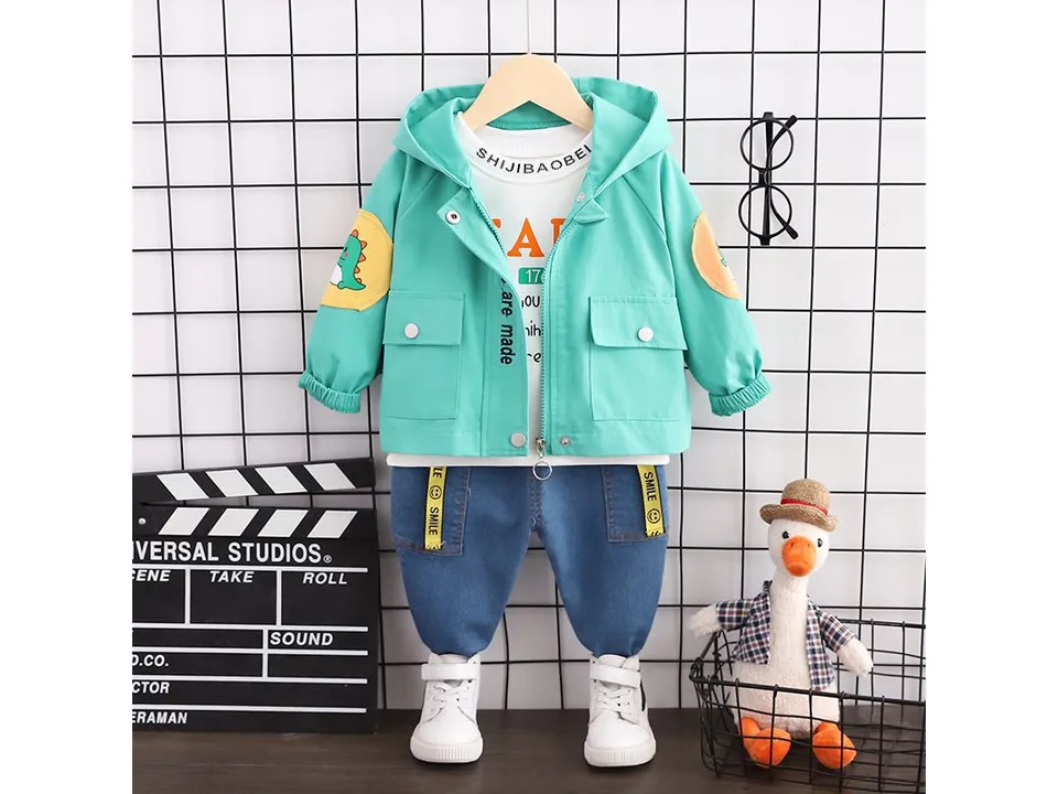 Green dinosaur hoodie and jeans outfit set for boys