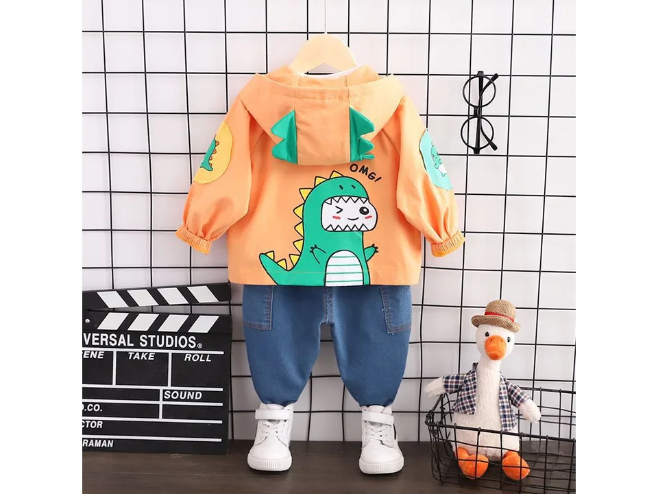 Back view of the orange dinosaur hoodie showing the large dinosaur graphic