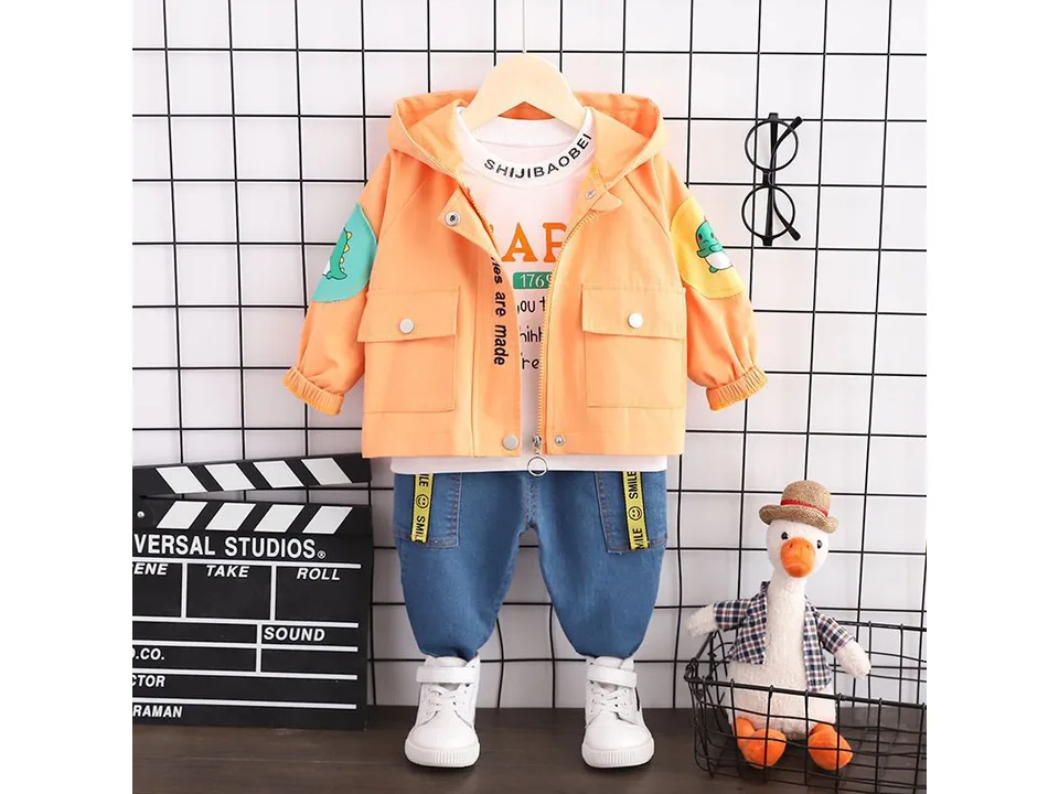 Orange dinosaur hoodie and jeans outfit set for boys