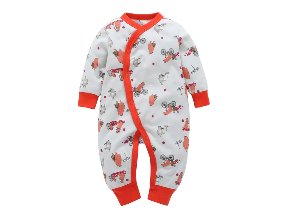 Full view of infant coveralls with a different animal print pattern.
