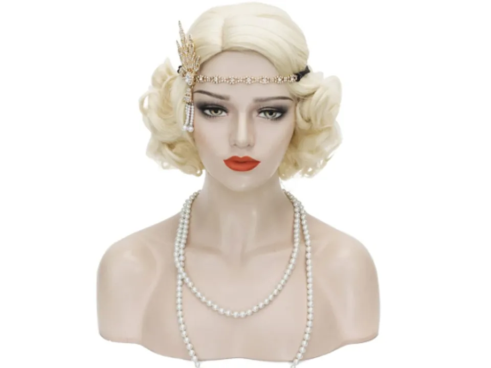 Blonde 1920s flapper wig styled with a decorative beaded headband.