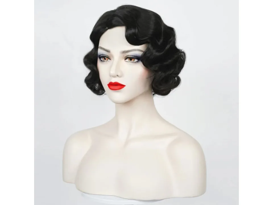 Black 1920s style flapper wig on a mannequin head.