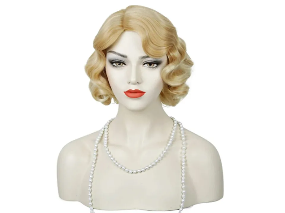 Blonde 1920s style flapper wig on a mannequin head.