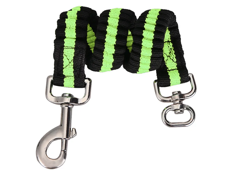 Green and black reflective elastic dog leash extension with metal clips.