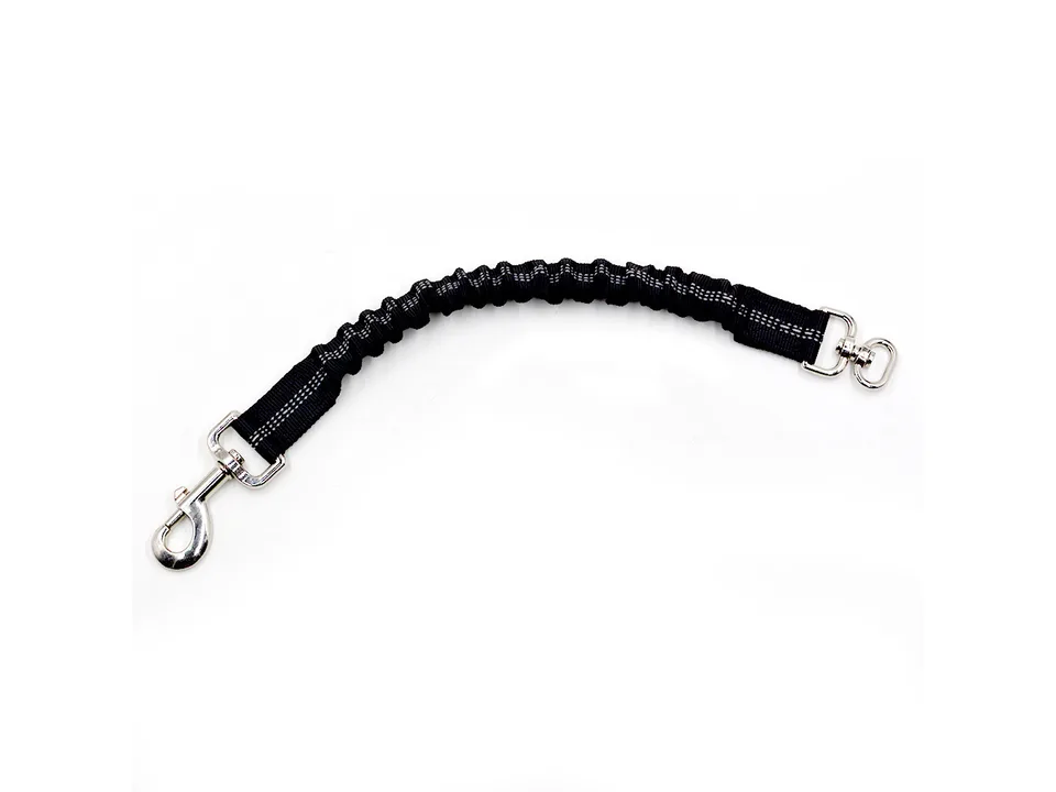 Black reflective elastic dog leash extension with metal clips.