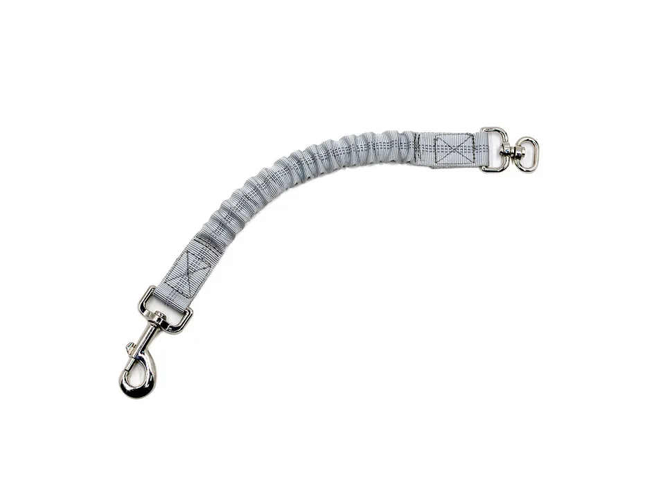 Grey reflective elastic dog leash extension with metal clips.