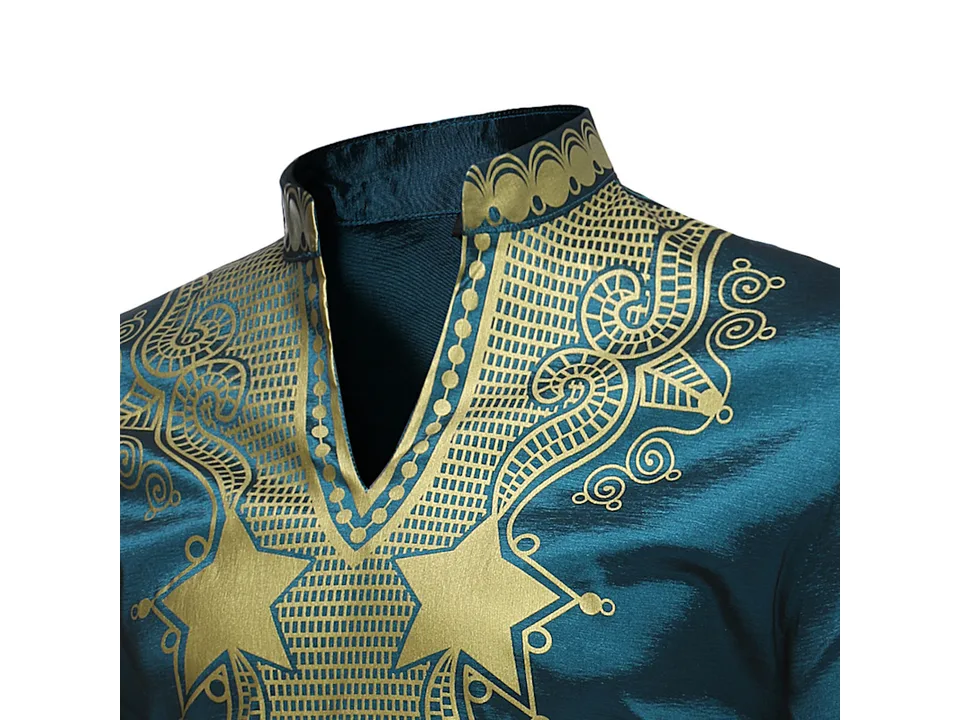 Close-up of the teal shirt's mandarin collar and gold ethnic chest pattern.