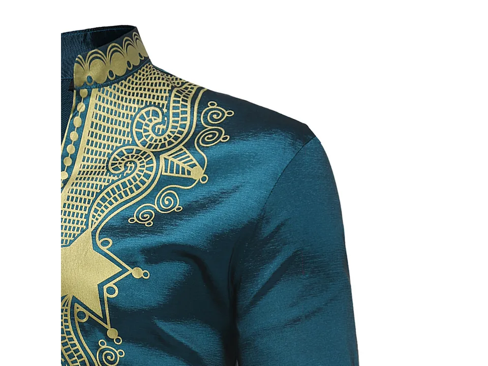 Close-up view of the shoulder and collar detail on the teal shirt.