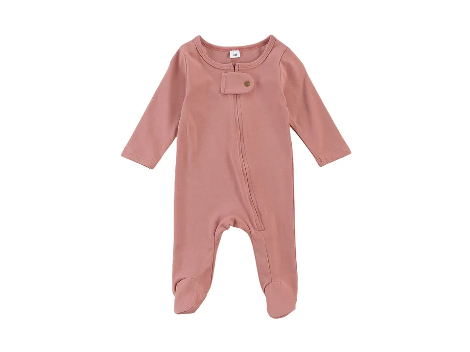 A pink long-sleeved baby jumpsuit with a zipper and footed design.