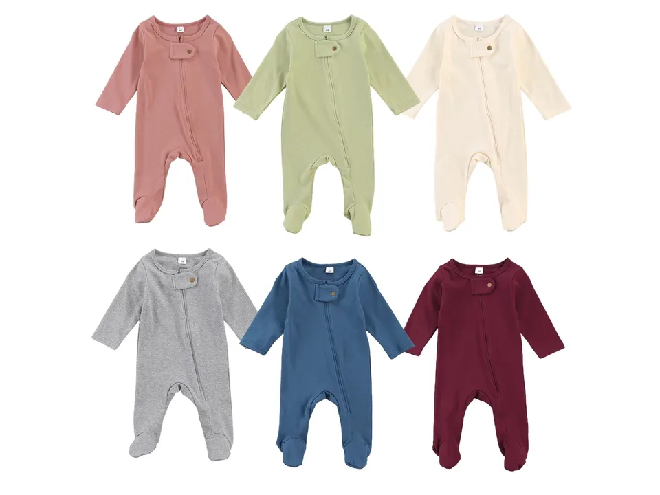 A collection of six baby jumpsuits in different colors: pink, light green, cream, grey, blue, and dark red.